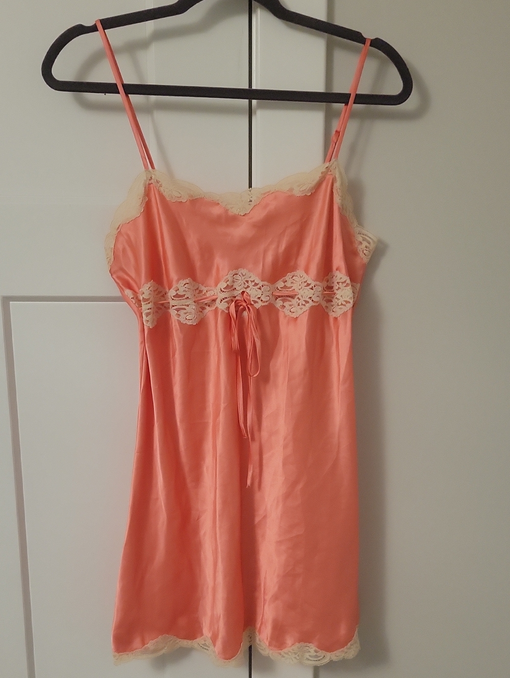 Victoria's Secret Vintage Coral Satin Chemise with Cream Lace Trim